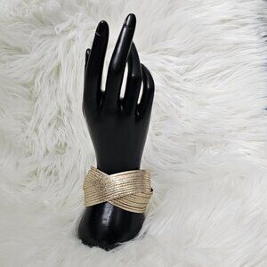 Vintage Crisscross Shimmer Gold Tone Wide Chunky Statement Cuff Bracelet